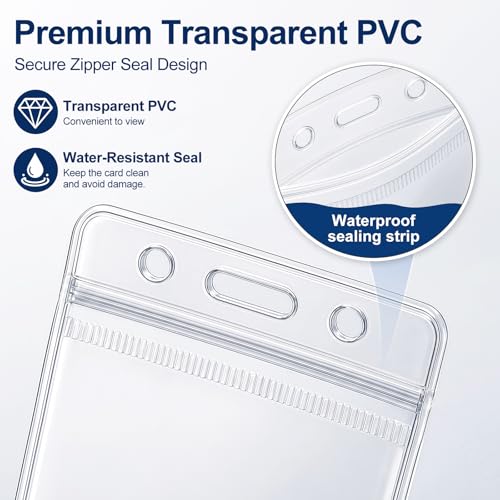 6 Pack Badge Holder, Plastic ID Badge Holder, Clear Waterproof ID Card Holder with Resealable Zip, 2.5" x 3.8" Vertical Name Tag Holder for Nurses and Office, Fits ID Card/Credit Card/Student Card