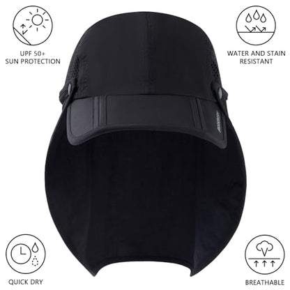 BASSDASH UPF 50+ Foldable Fishing Hat Baseball Cap with Removable Neck Flap Portable for Men Women Golf Hiking - color: Black With Foldable Brim