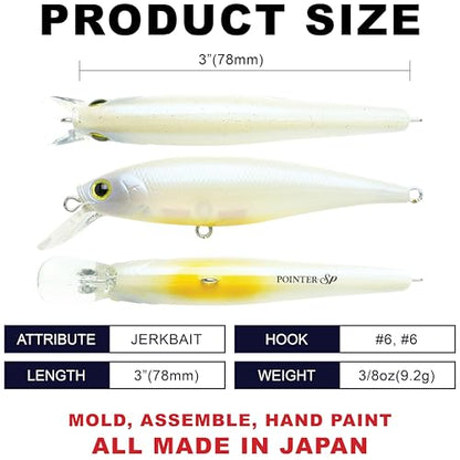 LUCKY CRAFT Pointer 78SP Fishing Lures, 3" Freshwater Bass & Trout Lures, Suspending 4ft-5ft Depth, Jerkbait, Bass Fishing Gear and Accessories, Ghost & Aurora - color: 445 French Pearl OB