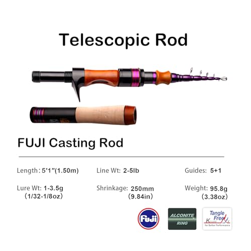 PURELURE Telescopic Fishing Rod Spinning & Casting Travel Rod Ultralight 5' | Fuji Alconite Ring, Detachable Handle Closed Length 9.8in, Spare Carbon Solid Tip, Solid Wood Reel Seat, Cork Handle - style: Fuji Cast - 5'1'' - Ultralight - Moderate Fast