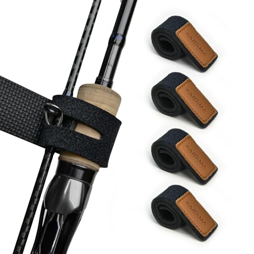 KANAMA Premium Cowhide Leather Fishing Rod Straps, 4 Pcs Hook & Loop Rod Wraps, Rod Belts & Tackle Ties, Stretchy Elastic Rod Ties, Fits Casting, Spinning & Fly Rods