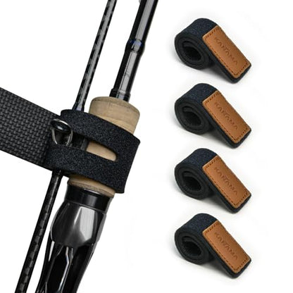 KANAMA Premium Cowhide Leather Fishing Rod Straps, 4 Pcs Hook & Loop Rod Wraps, Rod Belts & Tackle Ties, Stretchy Elastic Rod Ties, Fits Casting, Spinning & Fly Rods