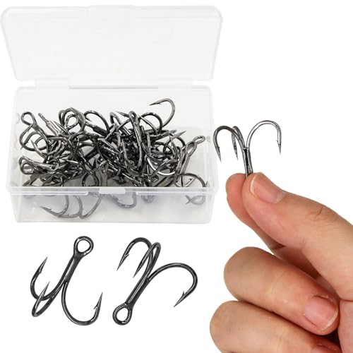 Treble Fishing Hooks 3X Strong 50PCS Triple Hooks Sharp Barbed Round Bend for Freshwater Saltwater Lures Fish - color: Black, size: 10# 50pcs