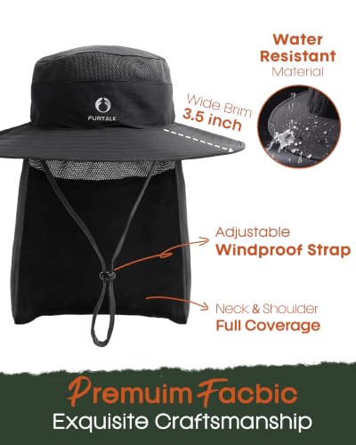 FURTALK Sun Hats for Men Women Fishing Hat with Neck Flap UPF 80+ Breathable Wide Brim Hiking Safari Summer Bucket Hats - color: Black