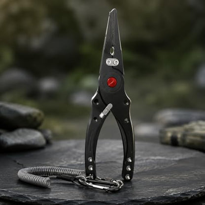Qianly Aluminum Alloy Fishing Pliers with Cutter, Hook Removal & Split Loop Tool, Nylon Sheath Included, 300g Lightweight, Black - color: Black