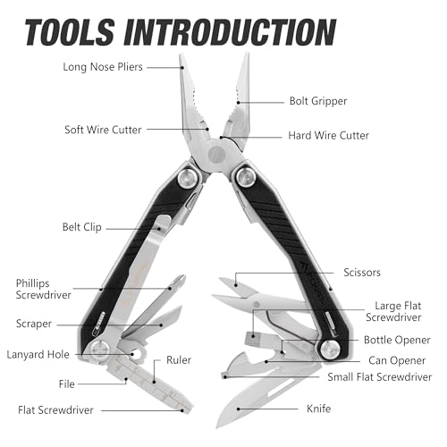 FLISSA 16-in-1 Multi Tool with G10 Handle, Gifts for Men Dad, Stainless Steel EDC Multitool with Pocket Knife, Pliers, Belt Clip and Oxford Sheath, Self-locking Utility Multi-Tool for Camping Outdoor