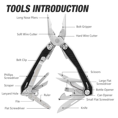 FLISSA 16-in-1 Multi Tool with G10 Handle, Gifts for Men Dad, Stainless Steel EDC Multitool with Pocket Knife, Pliers, Belt Clip and Oxford Sheath, Self-locking Utility Multi-Tool for Camping Outdoor