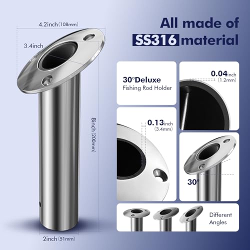 2Pcs Rod Holders for Fishing Boat, Heavy Duty 316 Stainless Steel Fishing Rod Pole Holder, Flush Mount, 15/30/90 Degree - color: Silver - Black Insert