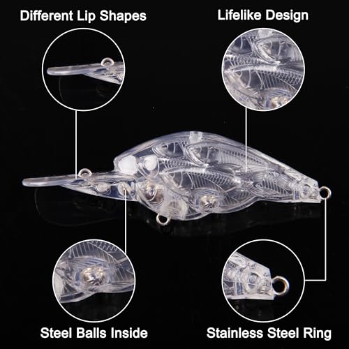 Unpainted Fishing Lures Crankbait Blanks Hard Lures Kit with 3D Eyes Blank Fishing Lure Making Kit Lipless Crankbait Minnow Popper Jerkbait VIB Clear Bodies