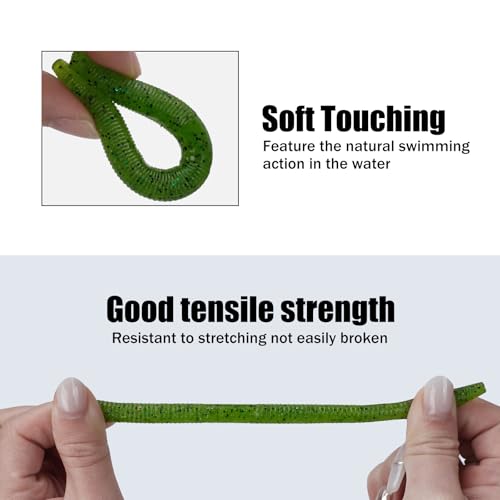Worms for Bass Fishing FS/RE-04 | Salted Soft Plastic Fishing Lures ,with Hook Slot,Saltwater Freshwater Bass Baits - color: Green-10pcs