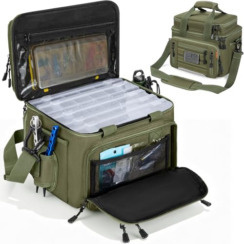 Fishing Tackle Bag - Holds 3400-3600 Size Tackle Boxes -Saltwater & Freshwater Fishing Bags - Padded Shoulder Strap Fishing Bags(Green) (Bag Only) - color: Green, style: Bag Only