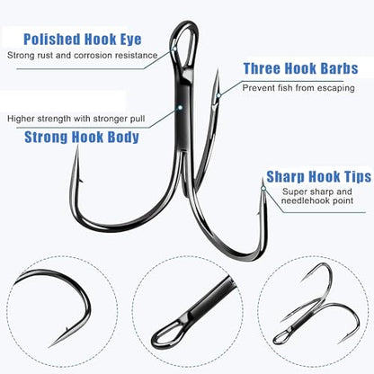 Fishing Treble Hooks Triple Fishing Hooks High Carbon Steel Barbed Sharp Round Bend Treble Hooks Replacement for Hard Lures Bait - color: Black, size: 2#-50pcs