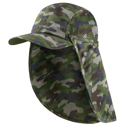 BASSDASH UPF 50+ Foldable Fishing Hat Baseball Cap with Removable Neck Flap Portable for Men Women Golf Hiking - color: Army Green Camo With Unfoldable Brim