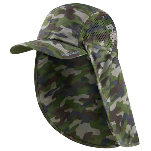 BASSDASH UPF 50+ Foldable Fishing Hat Baseball Cap with Removable Neck Flap Portable for Men Women Golf Hiking - color: Army Green Camo With Unfoldable Brim