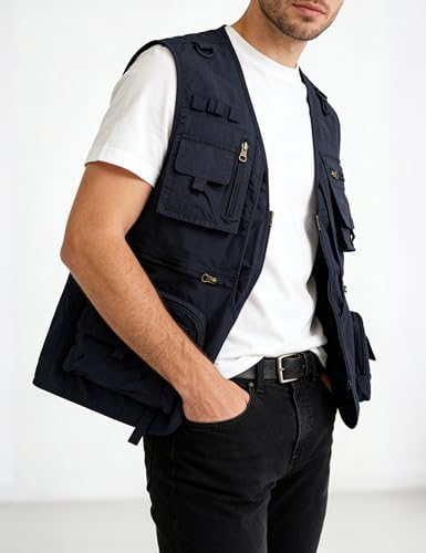 Men's Lightweight Mesh Fishing Vest Utility Outdoor Multi-Pocket Hunting Cargo Vest - color: Navy Blue, size: X-Large