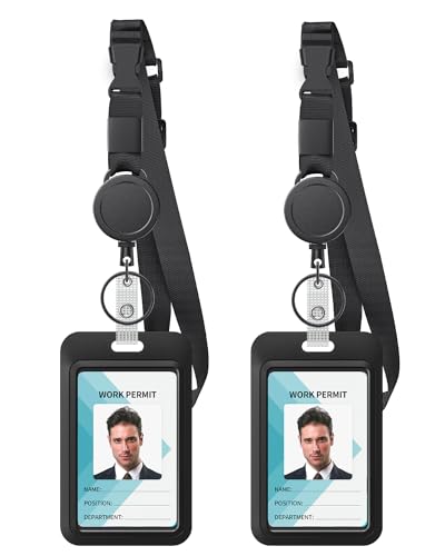 Uniclife 2 Pack Retractable Adjustable Lanyard Heavy Duty Neck Lanyard with Retractable Badge Reel Quick-Release Buckle and Adjustable Length Strong Wide Nylon Strap with Sliding ID Badge Holder - color: Black, size: 2 Pack with Adjustable Lanyard