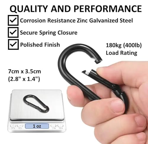 Black & Silver Zinc-Galvanized Heavy Duty Bushcraft Carabiner Spring Snap Clip Link Hooks 200-500lb Load 2, 6 & 12 Packs - color: 7cm (2.8in) Black 2 Pack