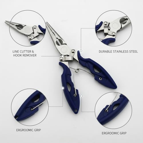 Stainless Steel Fishing Pliers with Line Cutter, 6.5 Inch Multi-Tool for Hook Removal and Lure Retrieval, Blue