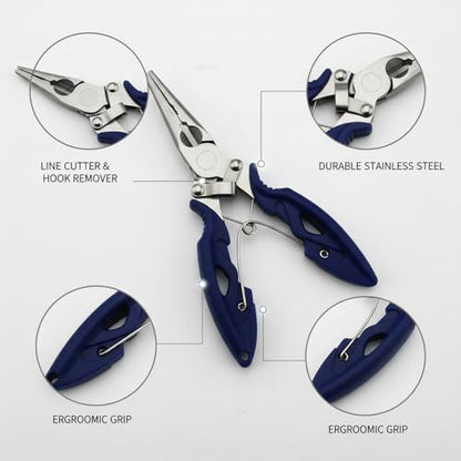 Stainless Steel Fishing Pliers with Line Cutter, 6.5 Inch Multi-Tool for Hook Removal and Lure Retrieval, Blue