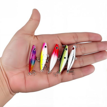 3D Lifelike Fishing Lures with Zigzag Action – Topwater Hard Bait Jigs for Bass, Trout, Walleye, Pike, Salmon – 5 Pc, High Carbon Steel Treble Hooks, Fresh/Saltwater