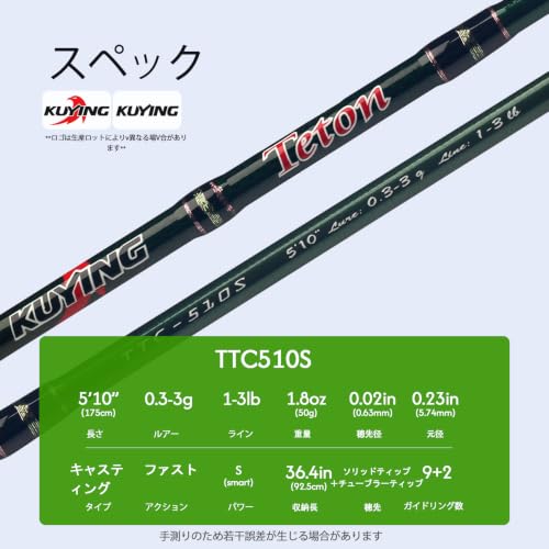 Teton 5'2"-6'6" BFS Fishing Rod Casting & Spinning, Ultra Light Rods, 40T Carbon Fiber Blank, Fuji Guides & Reel Seat, MF Fast Action, 2 Piece Travel Trout Lure Pole - size: Cast 5'10"-S-Fast-TTC510S