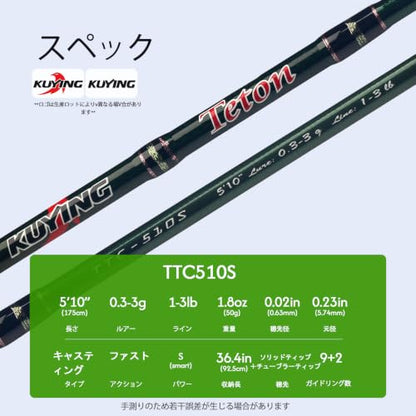 Teton 5'2"-6'6" BFS Fishing Rod Casting & Spinning, Ultra Light Rods, 40T Carbon Fiber Blank, Fuji Guides & Reel Seat, MF Fast Action, 2 Piece Travel Trout Lure Pole - size: Cast 5'10"-S-Fast-TTC510S