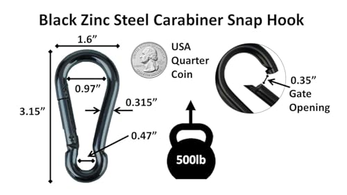 Black & Silver Zinc-Galvanized Heavy Duty Bushcraft Carabiner Spring Snap Clip Link Hooks 200-500lb Load 2, 6 & 12 Packs - color: 8cm (3.15in) Black 6 Pack