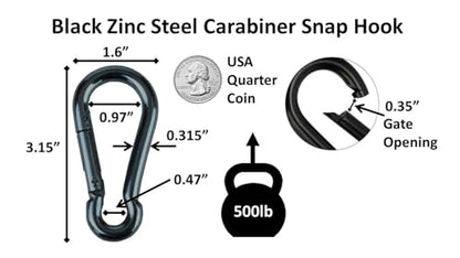 Black & Silver Zinc-Galvanized Heavy Duty Bushcraft Carabiner Spring Snap Clip Link Hooks 200-500lb Load 2, 6 & 12 Packs - color: 8cm (3.15in) Black 6 Pack