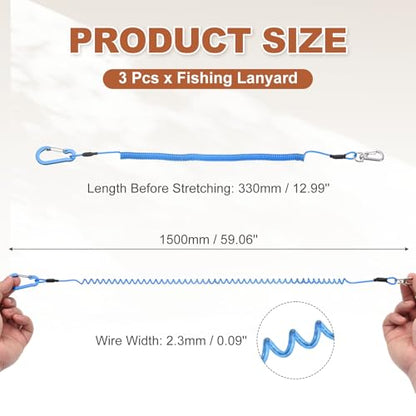 PATIKIL Fishing Lanyard, (59.06" Length, Blue) (3Pcs), Retractable Coiled Tether Anti-Lost Rope Coiled with Carabiners and 360° Safety Buckle, Suit for - Fishing/Hunting/Hiking/Boating - color: Blue, size: 59.06"