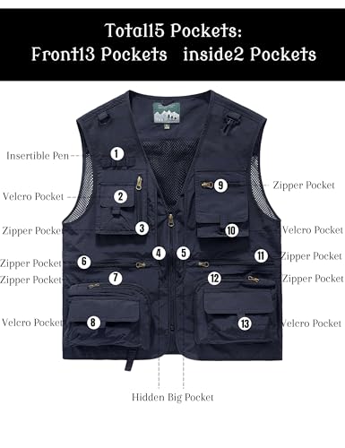 Men's Lightweight Mesh Fishing Vest Utility Outdoor Multi-Pocket Hunting Cargo Vest - color: Navy Blue, size: X-Large
