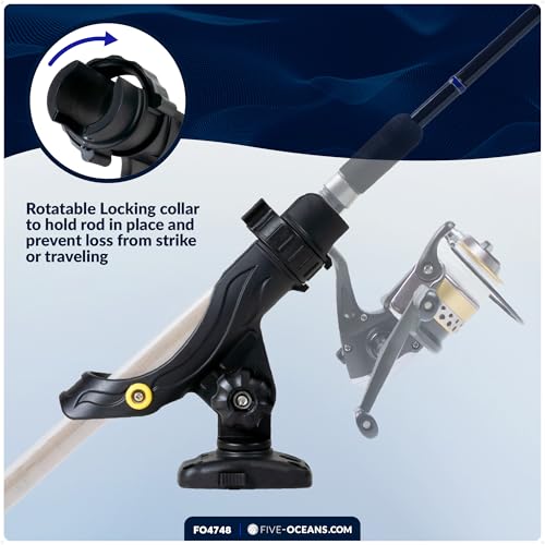 Five Oceans Fishing Rod Holder for Boat with Deck Mount Base, Black, High-Impact Nylon for Boats & Kayaks, Multiple Sizes - style: Large Rod Holder + Sliding-lock Base