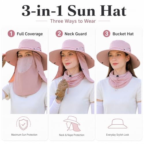 Sun Hat Unisex Face Coverage Shield Neck Flap Cap Garden Lawn Work Sports Hiking Fishing Hats - color: Pink