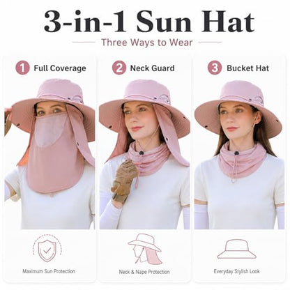 Sun Hat Unisex Face Coverage Shield Neck Flap Cap Garden Lawn Work Sports Hiking Fishing Hats - color: Pink
