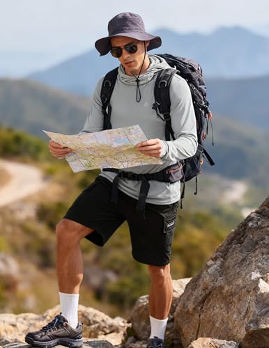 PINSPARK UPF 50+ Sun Protection Hoodie Men with Mask Quick Dry Long Sleeve Fishing Hiking Shirts UV Rash Guard Lightweight - color: Light Grey, size: XX-Large
