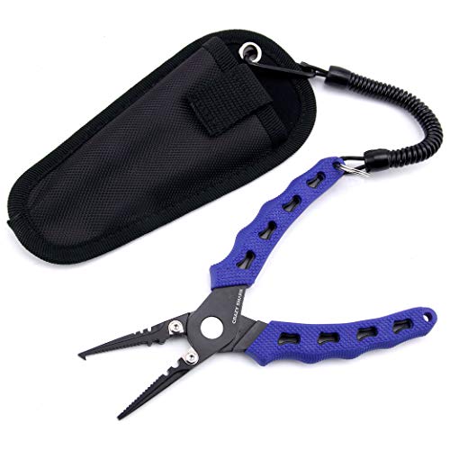 Fishing Pliers, Stainless Steel Fishing Tools, Saltwater Resistant Fishing Gear, Tungsten Carbide Cutters, Split Ring Pliers, Hook Remover with Coiled Lanyard and Sheath - color: Blue B - 6" Split Ring Nose