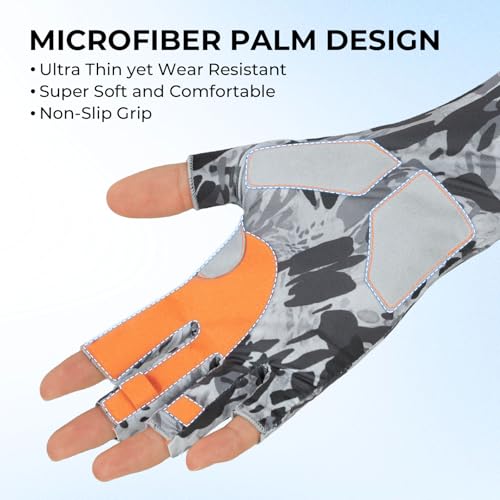 KastKing Agies Fishing Gloves Men, UPF 50+ Sun Gloves UV Protection, Cooling Quick-Dry 3/4 Fingerless Gloves with Extended Cuff, Microfiber Palm & Pull Tabs, for Fishing, Kayaking, Hiking, Hunting - color: X Camo-Gray, size: Small-Medium