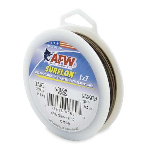 American Fishing Wire Surflon Nylon Coated 1x7 Stainless Steel Wire Leader - Wire Fishing Leader Line for Saltwater 10lb Up To 250lb Test in Bright, Black, Camo in 30ft, 100ft, 300ft, & 1000ft Lengths - color: Camo, style: 30 Feet, 250 Pound Test