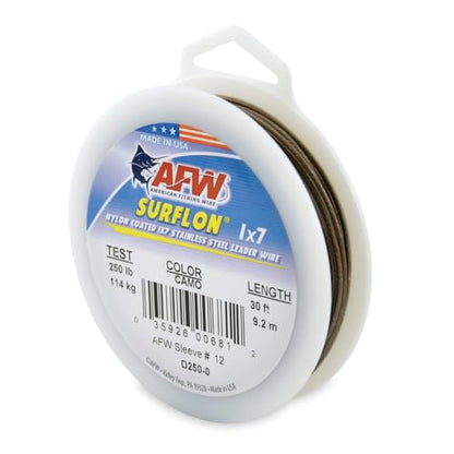 American Fishing Wire Surflon Nylon Coated 1x7 Stainless Steel Wire Leader - Wire Fishing Leader Line for Saltwater 10lb Up To 250lb Test in Bright, Black, Camo in 30ft, 100ft, 300ft, & 1000ft Lengths - color: Camo, style: 30 Feet, 250 Pound Test