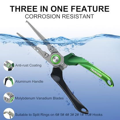 TRUSCEND Easy Use Lockable Fishing Pliers with Tungsten Carbide Cutter, Innovative Ergonomic Handy Handle, Saltwater Corrosion Resistant Teflon Coated Fishing Tool, Light Multi-Function Fishing Gear - color: A1-green