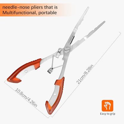 Stainless Steel Fishing Pliers,Needle Nose Pliers Fishing,Fishing Gear Hook Remover with Lanyard,Multitool for Saltwater - color: red