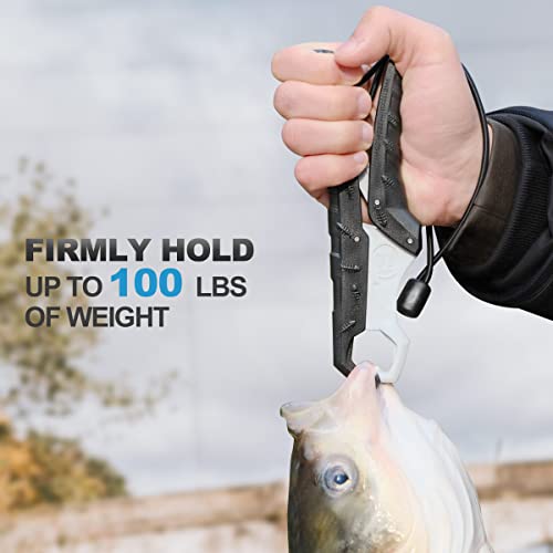 SNAIL TRAIL 7.5'' Floating Fish Gripper, Fishing Grabber | Catfish Mouth Pliers, Caught Bass Holder, Fish Scale Hook Clamp, Saltwater Lip Grip Tool with Lanyard, Gifts for Men - color: Black-white