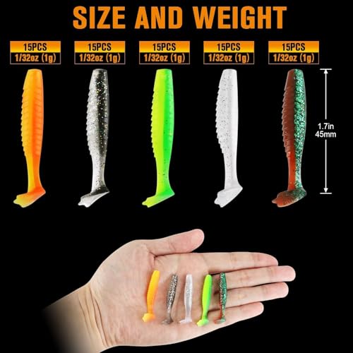 Dovesun Crappie Lures Kit Soft Plastic Baits Paddle Tail Swimbaits Fishing Soft Plastic Lures Crappie Walleye Trout Bass Fishing Baits 60pcs/75pcs - color: Duck Feet-1.7in-75pcs