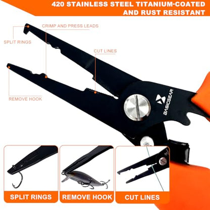 BasicGear Multi-Functional Fishing Pliers - 7" 420 Stainless Steel Head with Teflon Coating, Built-in Spring & Lock, Non-Slip Rubber Grip - color: 420 Stainless Steel