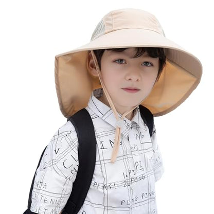 Rosoz Kids Sun Hat with Neck Flap UV Protection Summer Toddler Beach Hat Unisex Ponytail Hat Wide Brim Fishing Hat - color: 2pack-purple+beige