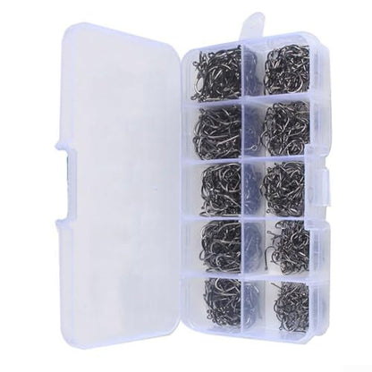 High Carbon Steel Fishing Hooks Set, Assorted Sizes Fly Fishing Hook Kit with Plastic Box, Barbed Terminal Tackle for Freshwater Saltwater Angling, 100 or 500 Pieces(500 per box) - size: 500 per box