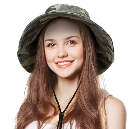 Men's Bucket Hat Camo Outdoor Sun Protection, Breathable Quick-Dry Fishing Gardening Hiking Hat ,UPF50+ Cotton Wide Brim - color: Light Camouflage