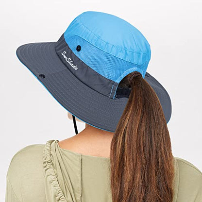 Sun Hat for Women Summer UV Protection Beach Hat Wide Brim Mesh Bucket Fishing Hat with Ponytail Hole Foldable Packable Hat - color: Blue(with Ponytail Hole)