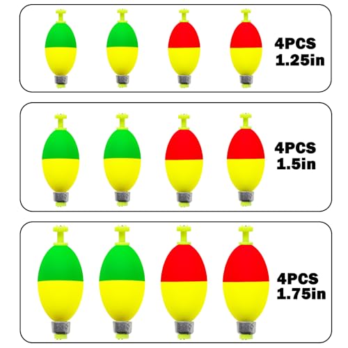 12 Pcs Fishing Bobbers Floats,Snap-on Fishing Bobber Fishing Float Corks Weighted Bobbers for Fishing Crappie Panfish Bluegill Trout - size: Oval