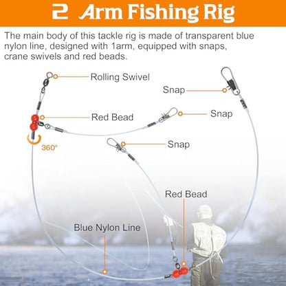 Fishing Leader Rigs Saltwater Tackle Rigs with Swivels Snaps, High Strength Wire Leaders Rigging Surf Fishing Gear Equipment for Lures Bait Hooks Catfish Walleye - color: Blue Nylon Leader, size: 24PCS, style: 2 Arm