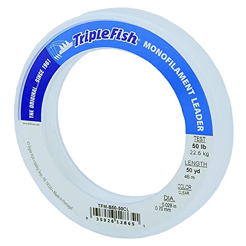 Triple Fish Monofilament Fishing Leader - Clear, Camo Strong Tough Leader Material for Big Game Fishing, Up to 400lb Test - color: Clear, style: 50 Lb Test, 0.70 Mm Dia, 50 Yd